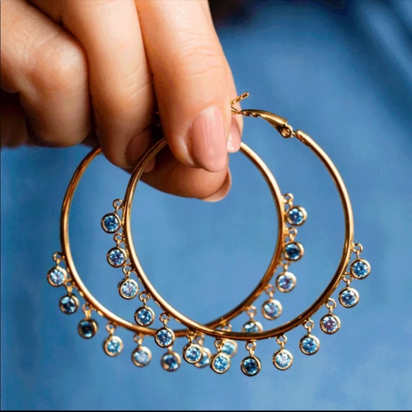 New Yellow Gold Plated Round Hoop Earrings - Picture 2 of 6